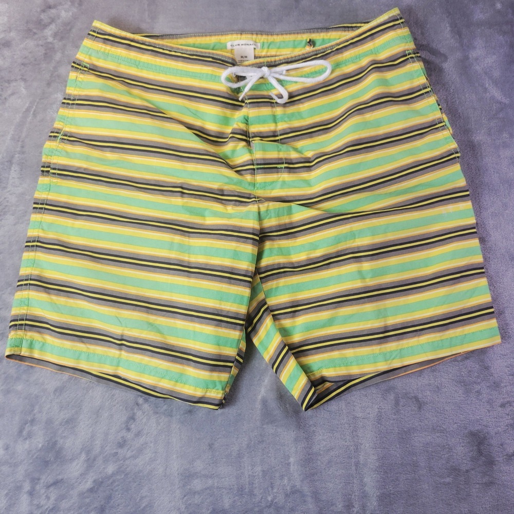 Club Monaco Mens Striped Board Shorts Green Yellow Swim Trunks Size M Beach